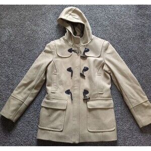 St Johns Bay Women's Medium Wool Cashmere Blend Duffel Coat Hood Camel Tan